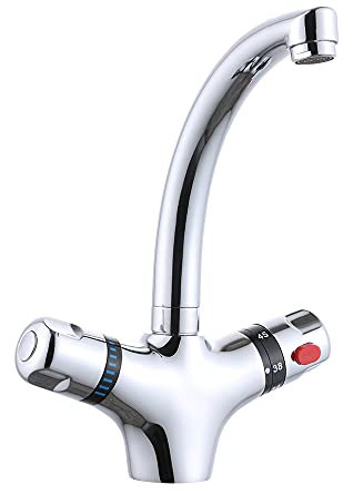 Robinet avec thermostat, mitigeur de lavabo de cuisine en acier inoxydable, thermostat 38 °C, pivotant à 360 °, pour lavabo, cuisine, salle de bain, baignoire