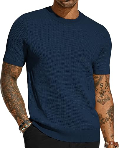 PJ Paul Jones T-Shirt da Uomo Casual Maglia Manica Corta Girocollo A Nido d'Ape Waffle Solido Maglia Pullover Tees, Blu Reale, M