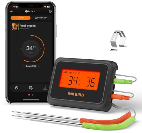 Bluetooth Termometro Cucina Digitale a Doppia Sonda,INKBIRD Termometro Carne Barbecue con App,Allarmi di Temperatura e Timer per Forno Griglia BBQ Alimenti Olio Frittura