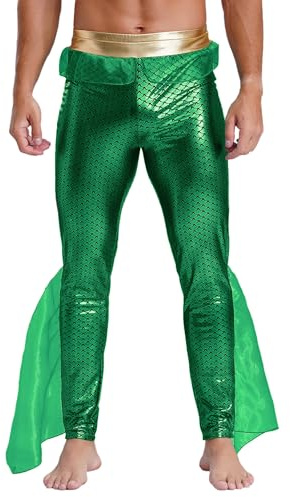 Jugaoge Men's Mermaid Pants King of The Seas Costume Fish Scale Printed Leggings Sea God Poseidon Fish Tail Cosplay Outfit Green L