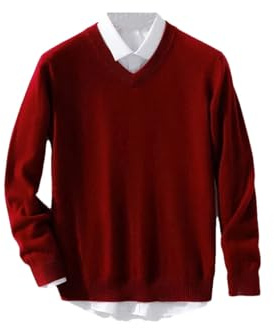 Hamthuit Pullover da uomo in cashmere caldo con scollo a V maglione in maglia da uomo maglieria maglioni camicia inferiore, Borgogna, XL