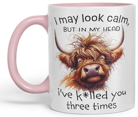 Vixar I May Look Calm, but in My Head I've k*lled You Three Times Highland Cow Joke sarkasm Sarcastic Ceramic Coloured Mug Cup for Tea Coffee Hot Brew 330ml 11Oz Gift (Pink)