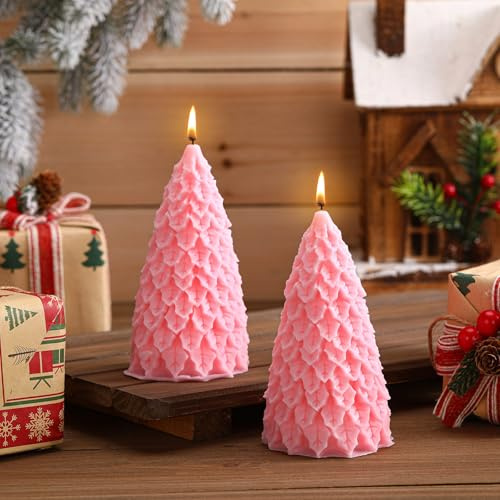 2 Pcs Christmas Tree Candles Decorative for Table, Pink, Style-a