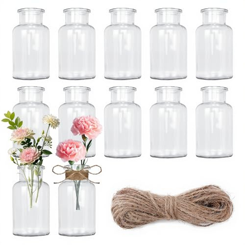 Set di 12 Mini Vasi in Vetro, Piccoli Vasi Fiori con 10M di Corda in Juta per Centrotavola, 250 ml Bottiglie in Vetro Decorativi per Matrimoni Feste Casa e Decorazioni da Tavolo