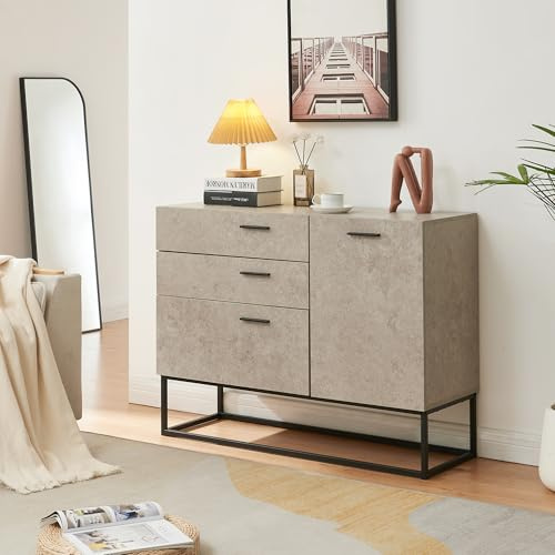 [en.casa] Sideboard Lavangen Wohnzimmerschrank mit 1 Tür und 3 Schubladen Kommode Buffetschrank mit Verstellbarer Ablage 75 x 100 x 35 cm Betonoptik, hell