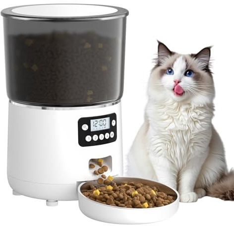 Bizcasa Distributore Automatico Cibo Gatti, Mangiatoia Cani - 4L Distributore Cibo Cani, Orari di Mangiatoia Personalizzati, 1-4 Pasti al Giorno, Dispenser Crocchette Gatto (Bianco - Standard - 4L)