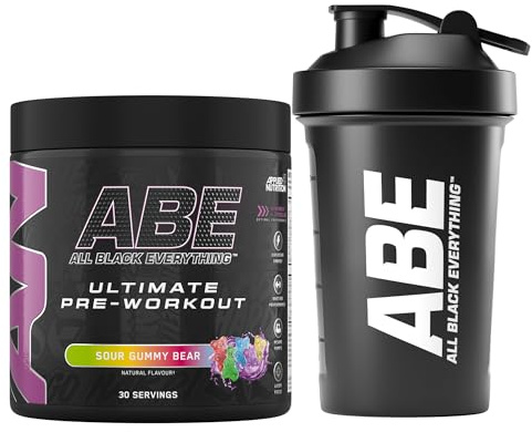 Applied Nutrition Bundle ABE Pre Workout 375g + ABE Black Shaker 400ml | All Black Everything Pre Workout Powder, Energy Drink, Physical Performance, Creatine, Beta Alanine, Caffeine (Sour Gummy Bear)