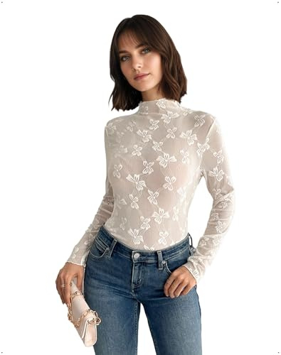 EMOTTOS Hauts à Col Montant Transparents en Maille pour Femmes, Hauts Sexy à Manches Longues Ajustées et Imprimé Papillon Transparent, Haut de Soirée Transparent Y2K, Blanc, M