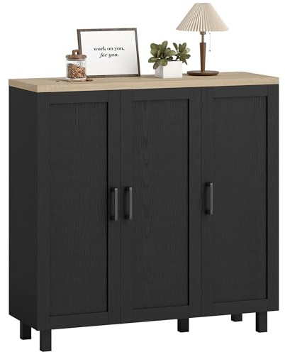 HOMCOM Aparador Estrecho de 3 Puertas, Aparador de Salón con Estantes Ajustables, para Cocina, Entrada, Comedor, Dormitorio, Negro, 90x30x90 cm
