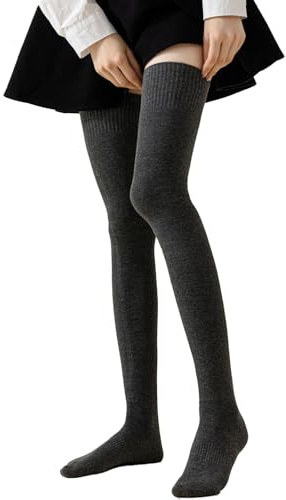 FOSDICK Calcetines Hasta la Rodilla Mujer Algodón Calcetines Mujer Sobre la Rodilla de Punto Extra Largo Gris Oscuro Socks Invierno Gordos Cálido Calcetines Altos para Uso Diario, Cosplay, Talla única