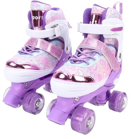Fockety Pattini a Rotelle per Ragazze e Ragazzi, Pattini Quad Regolabili in 4 Misure con Cuscinetto ABEC e Ruote Illuminate a LED in PU, a Rotelle a Tripla Protezione (S)