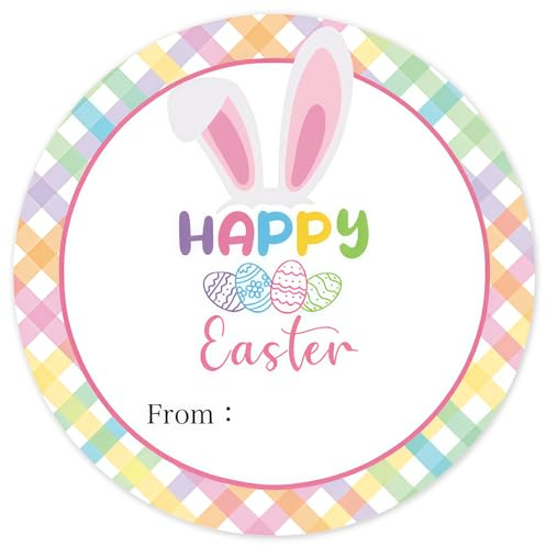 2In Easter Gift Stickers, 60Pcs Happy Easter Name Tags, Cute Bunny Sticky Labels for Gift Wrapping Envelopes Candy Bags Easter Baskets Eggs Crafts Cards Party Decor
