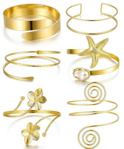 Xuwajeyu Lot de 6 Bracelets Manchettes dorés pour Femme, Bracelet de Bras & Bangles, Bracelets bohèmes dorés au Style affirmé, Manchette de Bras Fine et Minimaliste pour l'été