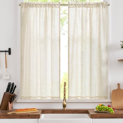 TOPICK Crude Light Filtering Linen Look Kitchen Curtains, W36xL54, 2 Panels | 54 Inch Drop Semi-Sheer Cafe Curtains, Solid Pattern Country Style, Pole Pocket Drapes for Living Room, Bedroom, Bathroom