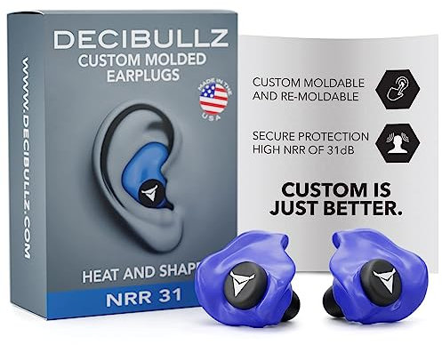 Decibullz | Bouchons d'oreilles moulés sur-mesure Bleu, Protections auditives confortables, Atténuation 31dB | Sommeil, Concert, Travail, Sport | 3 tailles, pochette de rangement | made in USA