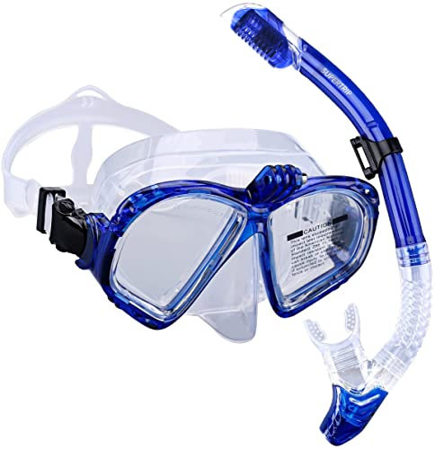 Supertrip Premium Schnorchelset Erwachsene Taucherbrille mit Schnorchel Tauchset Tauchmaske mit Kamera Halterung Tauchen Dry Schnorcheln Set (Blau)