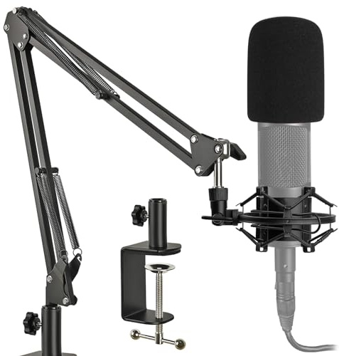 AT2020 Mic Stand with Shock Mount and Pop Filter, Suspension Scissor AT2020 Boom Arm Stand with Upgraded Heavy Duty Clamp for Audio Technica AT2020 AT2020USB+ AT2035 Condenser Studio Mic