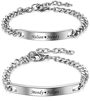 PiercingJak 2PCS Bracelets Couple Amoureux Gourmette Personnalisé Gravé Je t'aime Acier Inoxydable Chaînes de Main Lien Poignet Cadeau Amour La Saint-Valentin Femme Homme(Gravure-Argent)