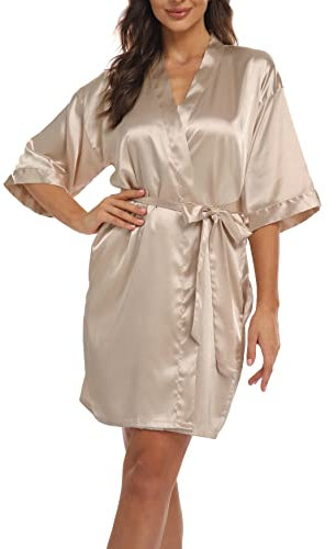 Teemie Damen Morgenmantel Bademantel Satin Kimono Robe Nachtwäsche Mit Gürtel Taschen Braut Brautjungfern Kurz Sexy V Ausschnitt Nachthemd Sommer Frauen 3/4 Ärmeln Pajama Hochzeit Party Gelb M