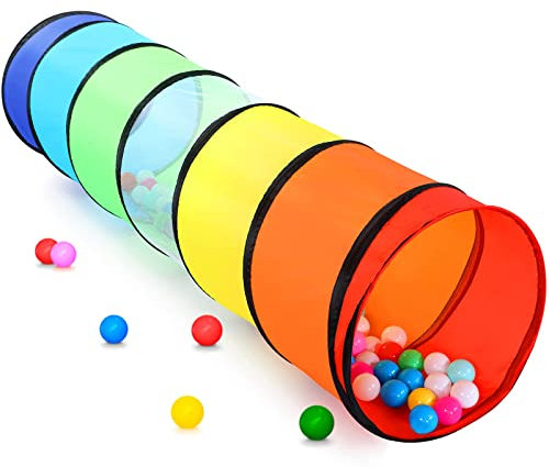 Wilwolfer Túnel de Juego Infantil para Bebés 180cm Túnel para Gatear con Ventana de Malla - Tienda de Campaña Infantil Plegable Juguete para Exterior en Jardín (Arcoíris)