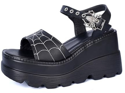 Black Wedge Heel Platform Summer Sandals Gothic Bat Deco Open Toe Slippers Metal Skulls Studs Buckles Slides For Women Size 3UK-8UK