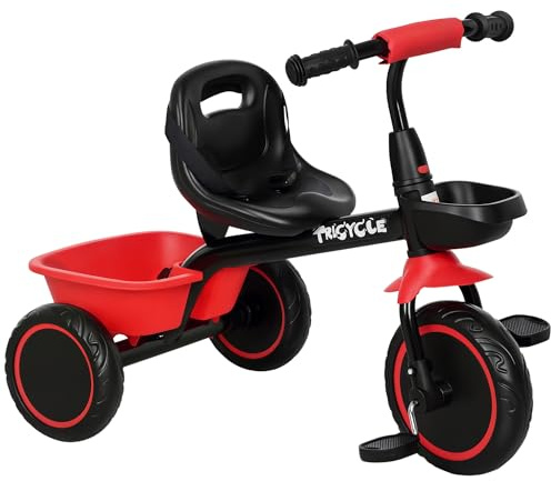 AIYAPLAY Triciclo per Bambini evolutivo con Sedile Regolabile - Pedali - 2 cesti - Cintura - per Bambini dai 2 ai 5 Anni - Rosso e Nero