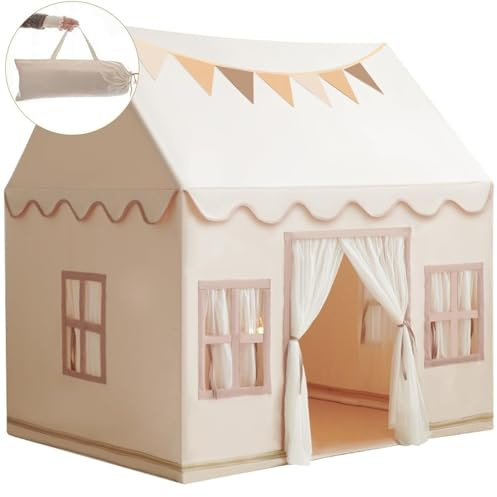 Large Kids Tent Playhouse Base Fabric with Star Lights, Flags and Tote Bags, Kids Play Tent Indoor & Outdoor, Washable Teepee Tent for Boys & Girls, Play House for Toddler, Neutral Color