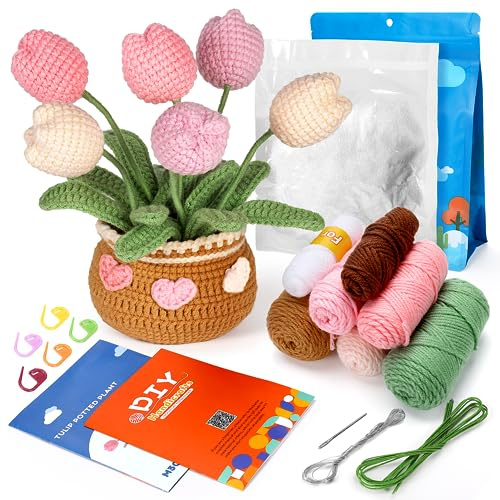 CestMall Kit per Uncinetto per Principianti, 6 Pezzi Kit per Lavorazione Maglia Fiore per Avviamento all'Uncinetto per Piante Vaso con Pennarello Punto Filato Artigianato Fai-da-Te con Tutorial Video