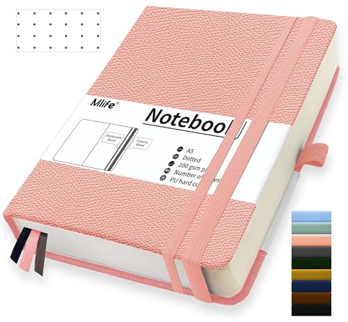 Mlife A5 Dotted Journal Notebook, 360 sidor och 100g/M² bläcksäkert papper, anteckningsblock med inbunden anteckningsbok, anteckningsböcker med vikficka för Office School Home Writing & Notes (rosa)