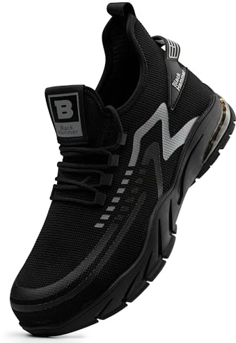 Black Hammer Säkerhetsskor med ståltåhätta för män Lättviktiga Slitstarka Arbetsskor med mellansula Skydd Gummi Yttersula för Professionell Lager- och Verktygsanvändning Hiker S1P SRC 2200 (42 EU)