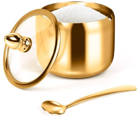 holoith Contenedor de azúcar con tapa de vidrio y cuchara, azucarero dorado de 10 onzas para estación de café, accesorios de cocina, almacenamiento para sal, caramelo, grano de café (dorado)