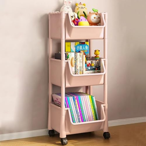 Shally Dogan Carrello Multiuso Portariviste e Portagiochi Salvaspazio con Ruote Girevoli a 360°, Carrellino Scaffale Portaoggetti Slim a 3 Ripiani, Ideale per Libri, Riviste, Giocattoli (Rosa)