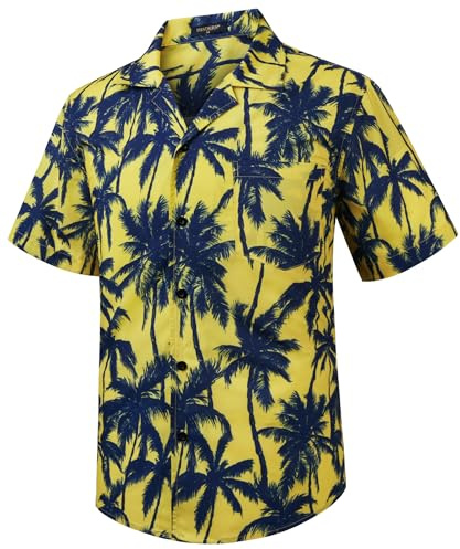 HISDERN Hawaiian Shirt Mens Shirts Short Sleeve Summer Funky Hawaii Print Button Down Short Sleeved Cuban Collar Beach Shirts for Men Holiday Yellow L