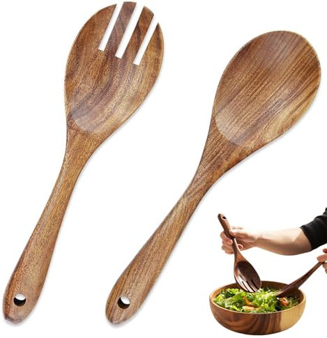 2 Pieces Wooden Salad Servers Salad Mixing Dinner Fork and Salad Spoons Long Handle Salad Tongs Servers for Serving Salad, Pasta, Fruit Kitchen Utensils Cutlery Set