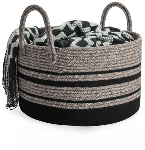 Rieeyrslza Cesta de Cuerda de Algodón D40 x H25 CM Plegable Cestas de Lavandería Tejidas 32L Cesta de la Manta Cestos Almacenaje Decorativas Cesta Para la Ropa Sucia para Almacenamiento(Yute+Negro)
