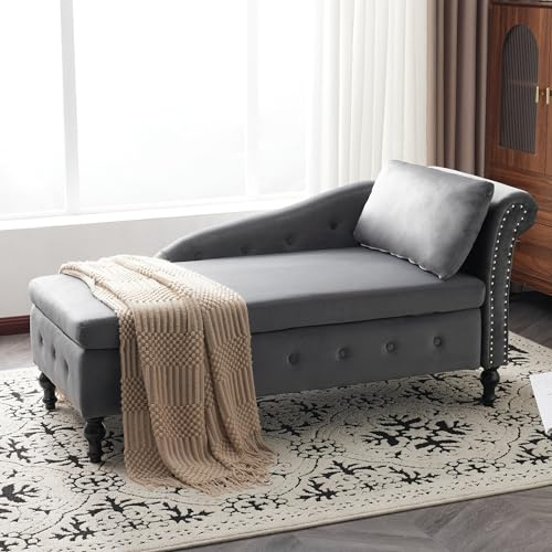 Velvet Chaise Longue Indoor, Chaise Lounge Sofa with Storage, Upholstered Chaise Lounger Chair with Right Armrest and Pillow, Modern Button-Tufted & Nailhead Trim Recliner Sofa for Living Room, Grey