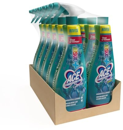 ACE Candeggina Più Gentile Spray +OXYGEN – Spray Igienizzante Sgrassante, Rimuove Macchie da Capi Colorati e Delicati e Sporco Ostinato, Pulizia Rapida per Casa, Cucina e Bucato, Confezione 10 flaconi