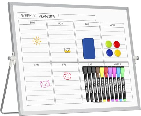 Veckovis magnetisk whiteboard för skrivbord med stativ, 30 x 40 cm, tvättbar veckoplanerare, dubbelsidig whiteboard, bärbar för planering, undervisning