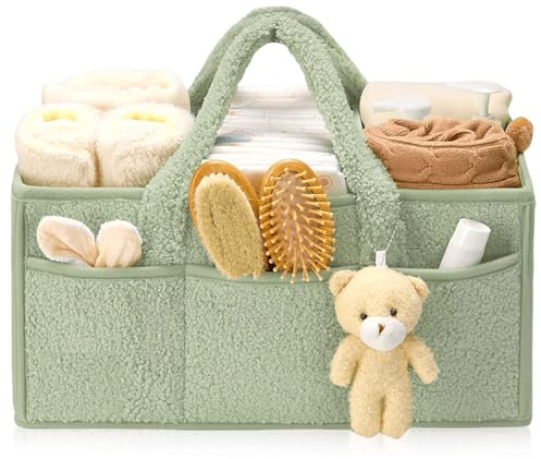 Skötväska arrangör, babyblöjorganisatör blöjkorg med fack och handtag bärbar, skötarrangör tillverkad av 38 x 25,4 x 17,8 cm förvaringskorg för skötbord bil våtservetter och babysaker