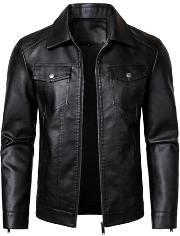 HOOD CREW Chaqueta de cuero sintético para hombre, chaquetas de motociclista, prenda exterior casual ligera de piel sintética, Negro, Medium