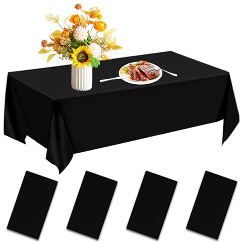 Yunyige Mantel Negro Desechable,Manteles Fiesta Desechables,4 Piezas Mantel Negro,137 x 274 cm Mantels Negros Mesa Rectangular,Mantels Cumpleañosc