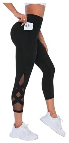 OYOANGLE Women's Mesh Yoga Leggings with Pocket High Waisted Workout Leggings Gym Stretch Tummy Control Yoga Pants Black Small