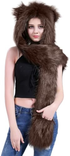 Women Winter Hood Earflaps Animal Hat 3in1 Faux Fur Beanie Hat Scarf Pocket Gloves Set Thermal Full Hoodie Long Scarf Shawl Wrap Paws Mittens Fluffy Ears Warm Neck Warmer Cosplay Cold Weather Costume