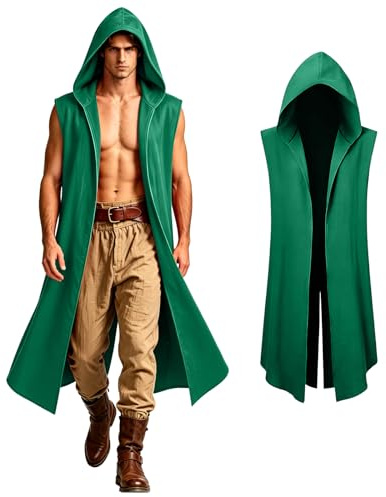 Túnica renacentista con capucha para hombre, disfraz vikingo para hombre, capa medieval con capucha hobbit, verde, L