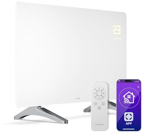 KLARSTEIN Radiateur Infrarouge 480W – Panneau Chauffant Verre, Murale/Autonome, WiFi, Télécommande, Thermostat, Sécurité Enfant, IP43, Chauffage Infrarouge 9m², Blanc