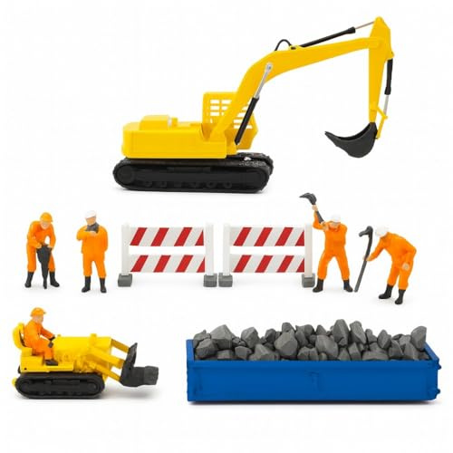 Iberplace H0 byggarbetsplats-set konstruktion nr 1, 9 delar: kedjegrävmaskin, bandlastare, skräpbehållare, avspärrar och byggarbetare, harts 3D-tryck, handmålad, skala 1:87, EU-tillverkning, 30007