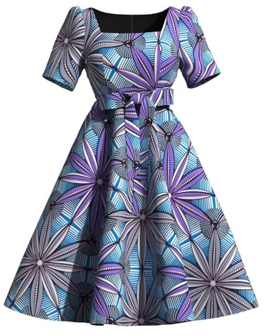 XUHOGU Robe midi Femme Coupe A col carré Manches Courtes Ceinture Tissu Wax Ankara Africain cérémonie Quotidien