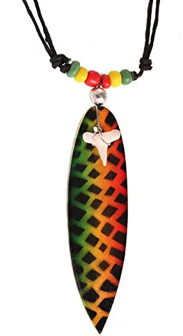 Chic-Net® Collier de surf en bois avec dent de requin et planche de surf ronde peinte avec perles en bois et coton réglable demi-lune poisson spirale collier pour homme et femme Plage Piscine Rasta