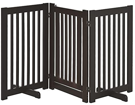 PawHut 155cm Expandable 3-Panel Freestanding Dog Pet Gate w/Latched Door Brown