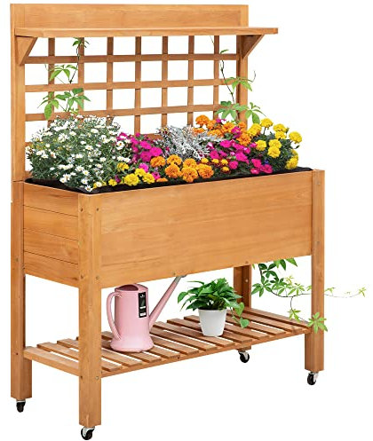 Outsunny Hochbeet Pflanztisch Blumentisch Arbeitstisch Gärtnertisch Gewächshaus Holzpflanztisch für Garten Balkon, 105 x 40 x 135 cm, Tanne, Nicht gewebter Stoff, Braun